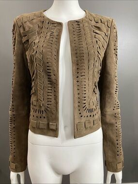 Marciano Taupe Suede Laser-Cut Open-Front Jacket 100% goat leather Size S